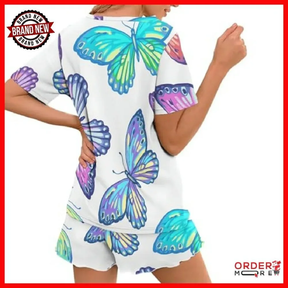 Women's Short Sleeve Pajama Set with Elastic Waistband Lounge Wear